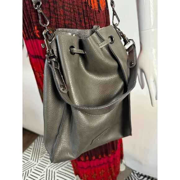 Neiman Marcus Gray Leather Look Drawstring Crossbody Bag Adjustable Strap - Picture 8 of 16